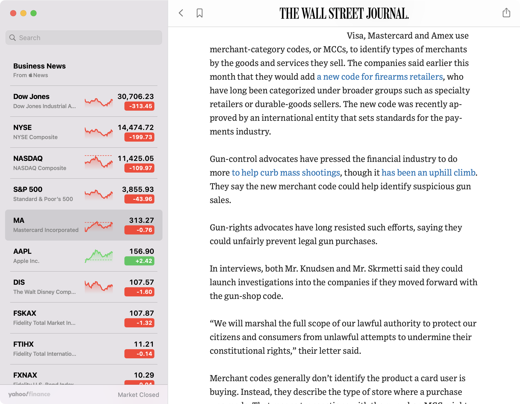 The Apple Stocks.app showing a news story from the Wall Street Journal without advertisements.