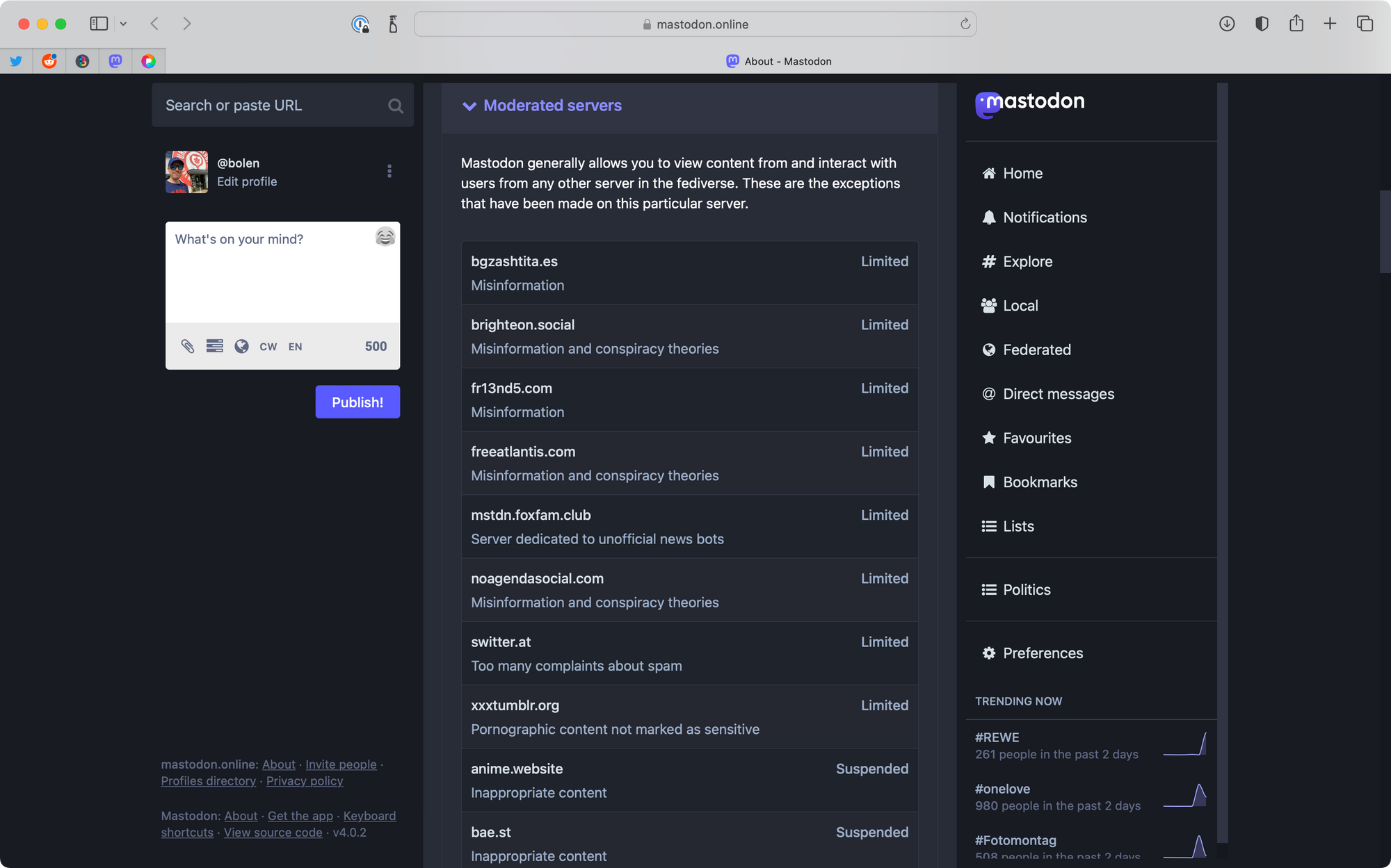 Screenshot of the mastodon.online blocked servers