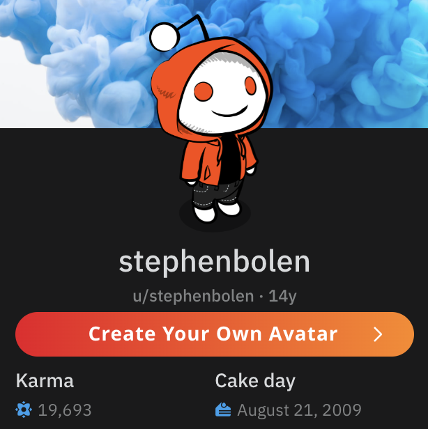 A user profile for /u/stephenbolen, which shows 19,693 karma and a cake day of August 21, 2009