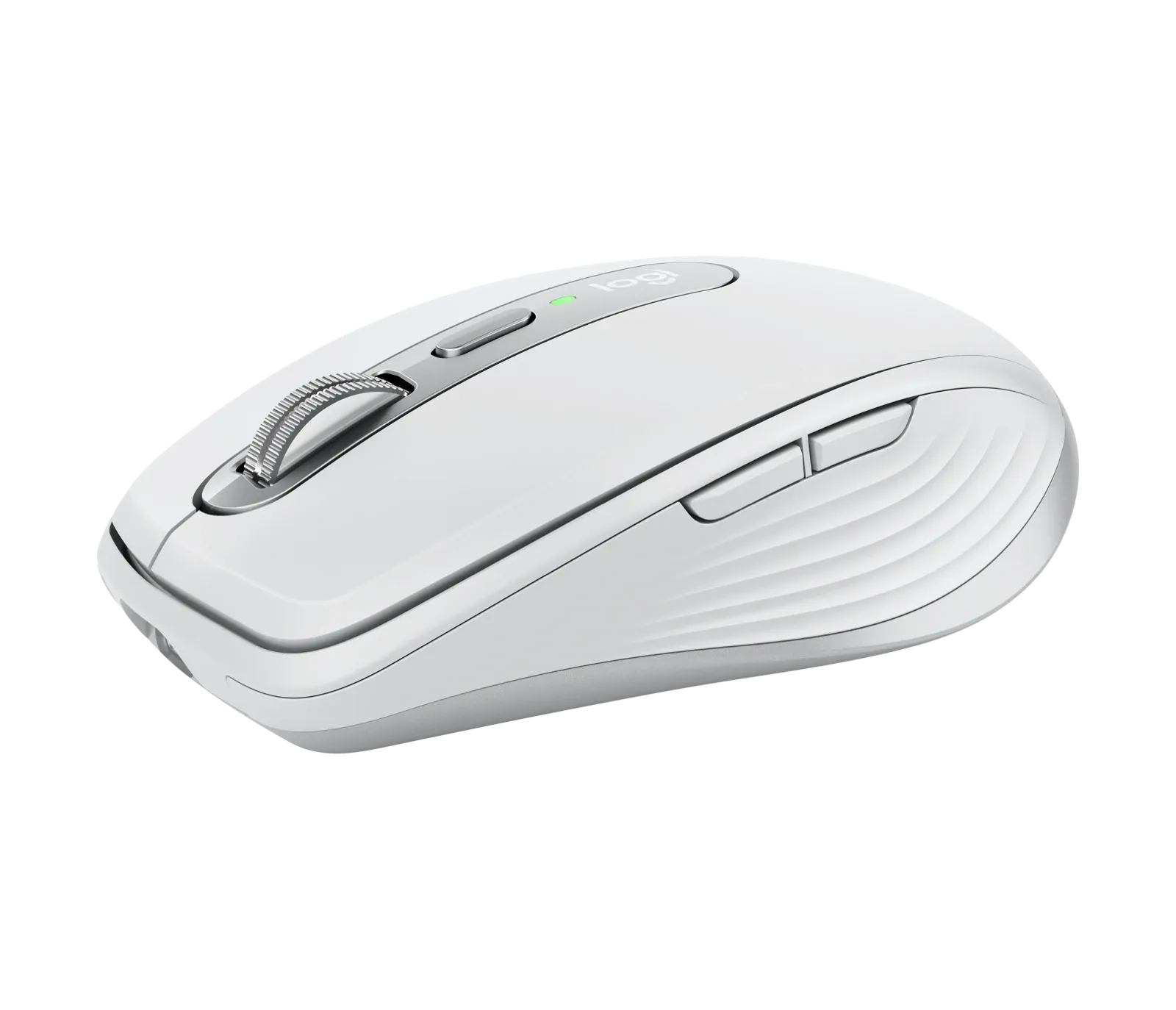 A white Logitech MX Anywhere 3 for Mac mouse.