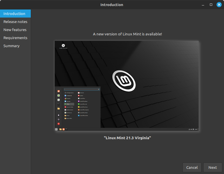 A screenshot showing an update available for Linux Mint 21.3 "Virginia"