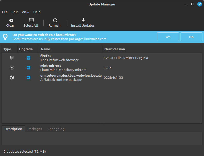 Screenshot of Linux Mint's Update Manager.