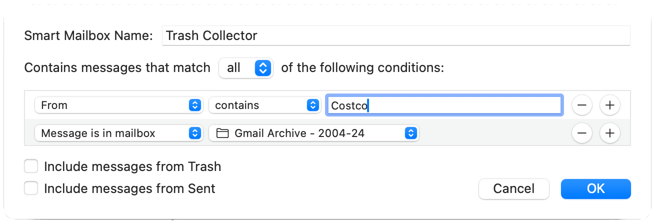 Dialog box to configure a smart mailbox in Apple's Mail.app – the search term is "Costco"