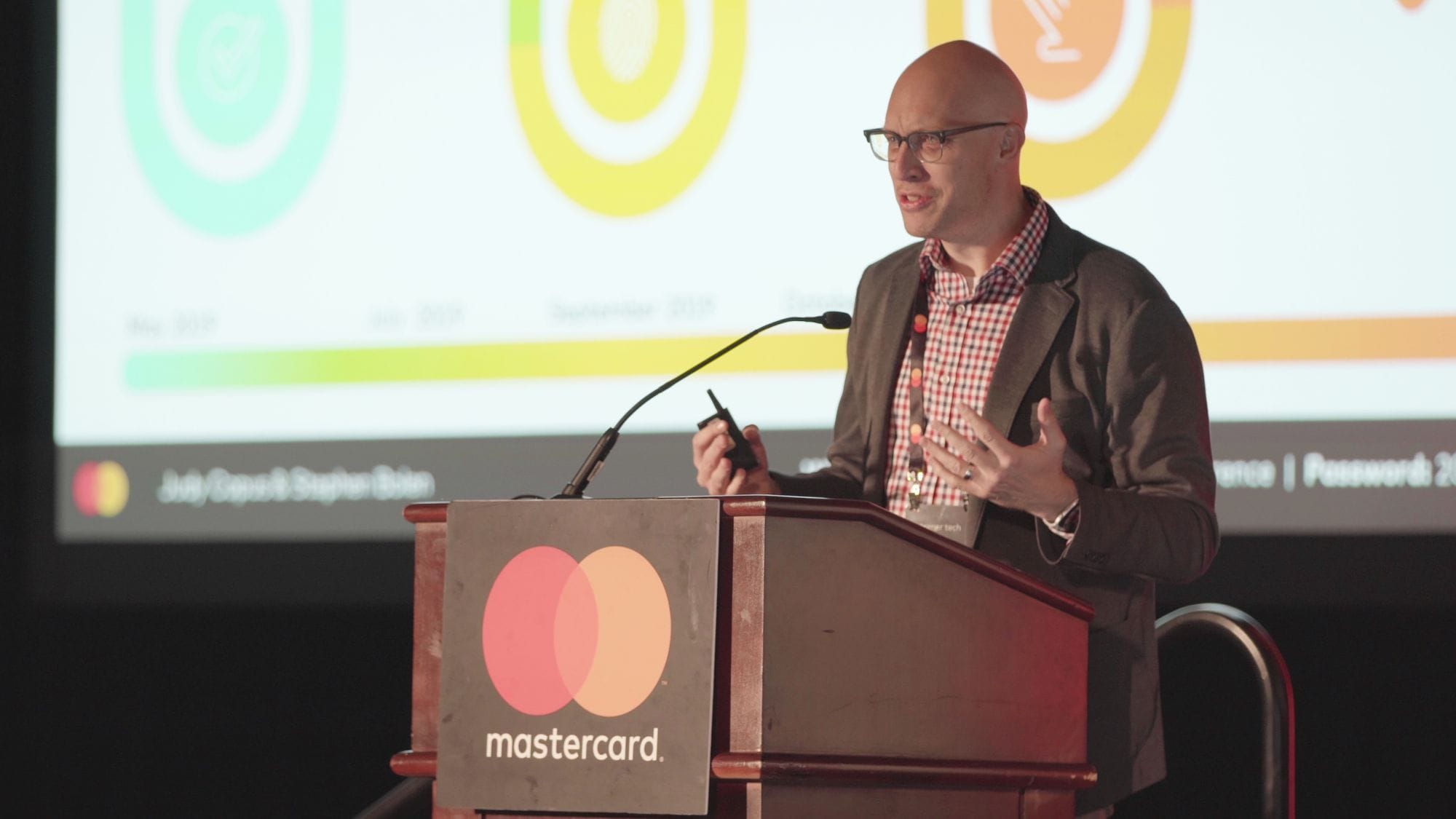 Stephen speaking at a Mastercard Customer Technical Conference in Athens, Greece
